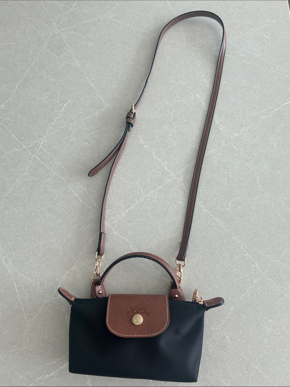 Longchamp Black Nylon Mini Bag with Brown Leather Trim